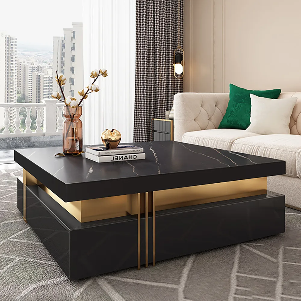 Trimied 43" Modern Black Square Storage Coffee Table Stone Top & 4 Wood Drawers — image 4