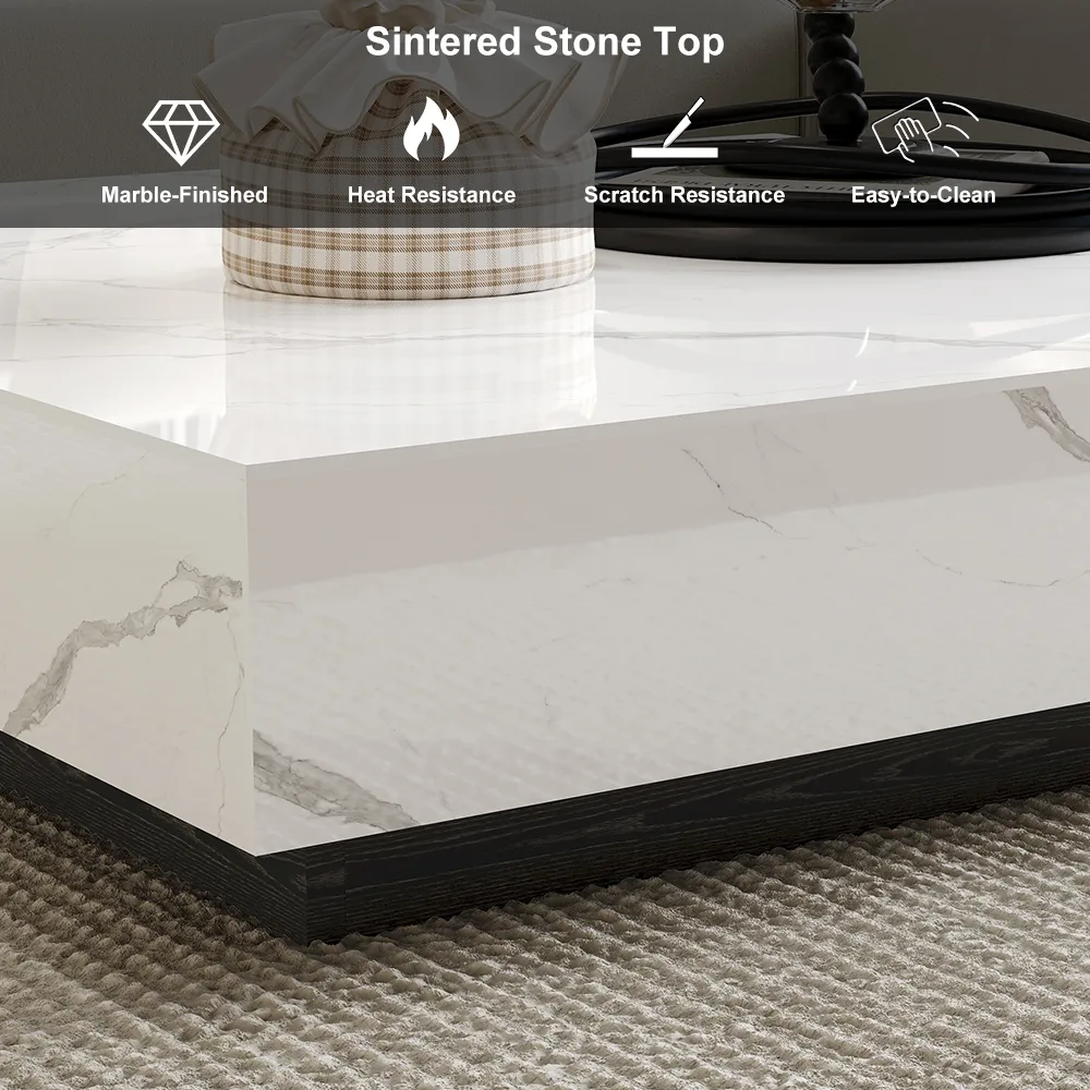 39" Square Sintered Stone Block Coffee Table With Wood Base — image 7