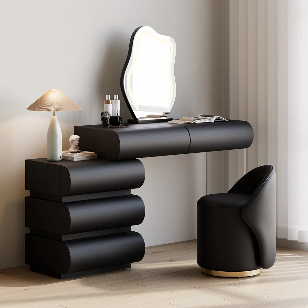modern white PU leather dressing table set with stool and LED mirror — image 12