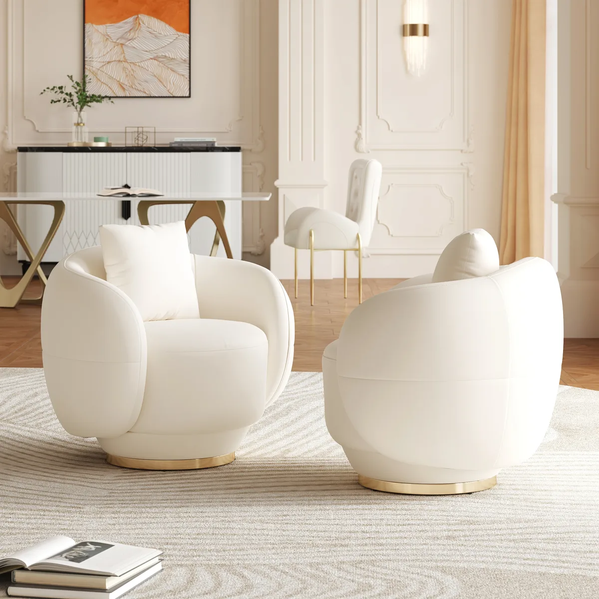 Swivel Barrel Accent Chair Faux Leather Armchair for Living Room in Warm White (35" Wide) — image 3