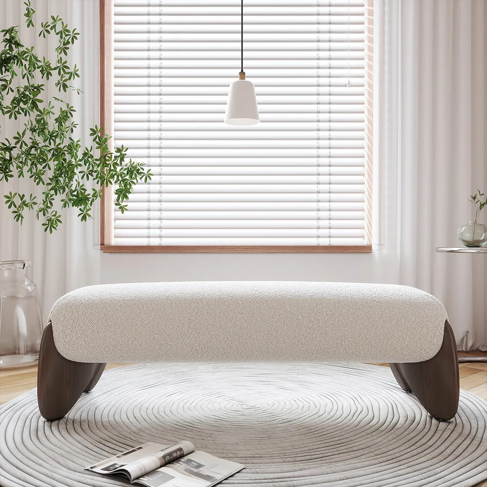 Modern White Boucle Bedroom Bench Upholstered Long Bench with Wood Legs — image 4