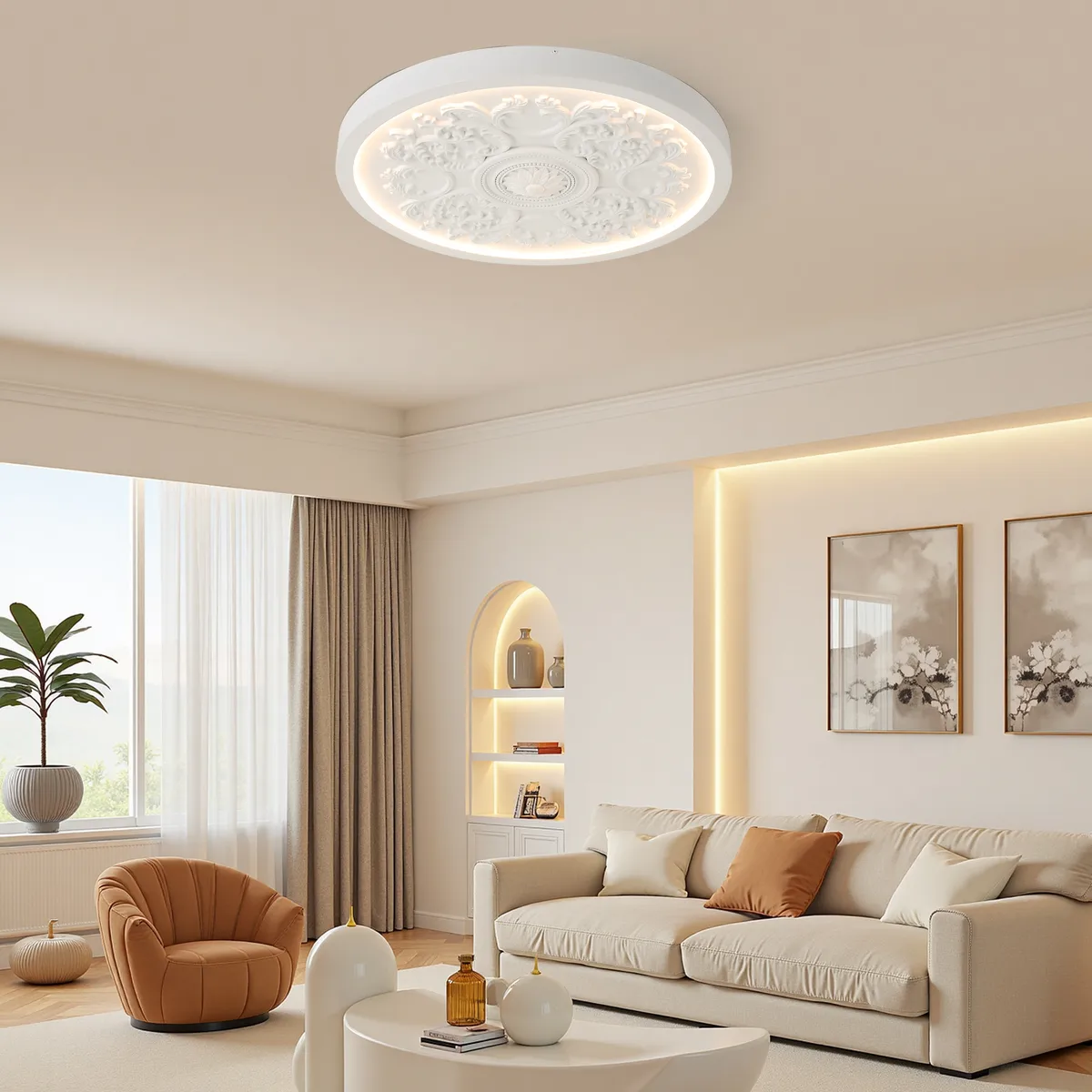 French Elegant White Resin 3D Carved LED Dimmable Flush Mount Ceiling Light — image 24