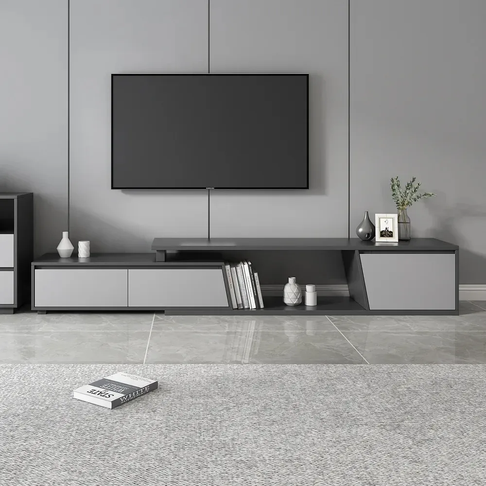 Set of 2 Gray Extendable 3 Drawers TV Stand & Lift-Top Coffee Table Set Up — image 8