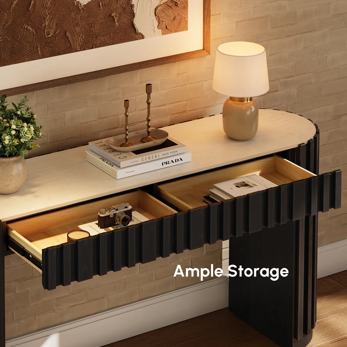 Aura 60" Ash Wood Fluted Black Console Table With Sintered Stone Top — image 5