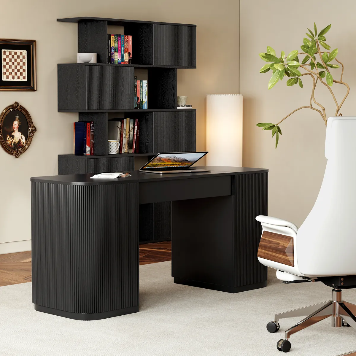 Modern 60" Black Standing Office Desk & Sliding Door Etagere Bookshelf — image 2