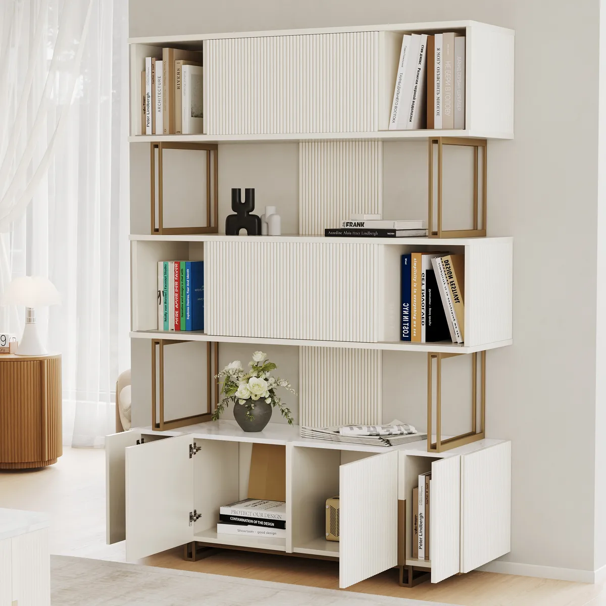 5-Shelf Off-white Bookshelf Etagere Tall Bookcase for Home & Office (72.8" High) — image 18
