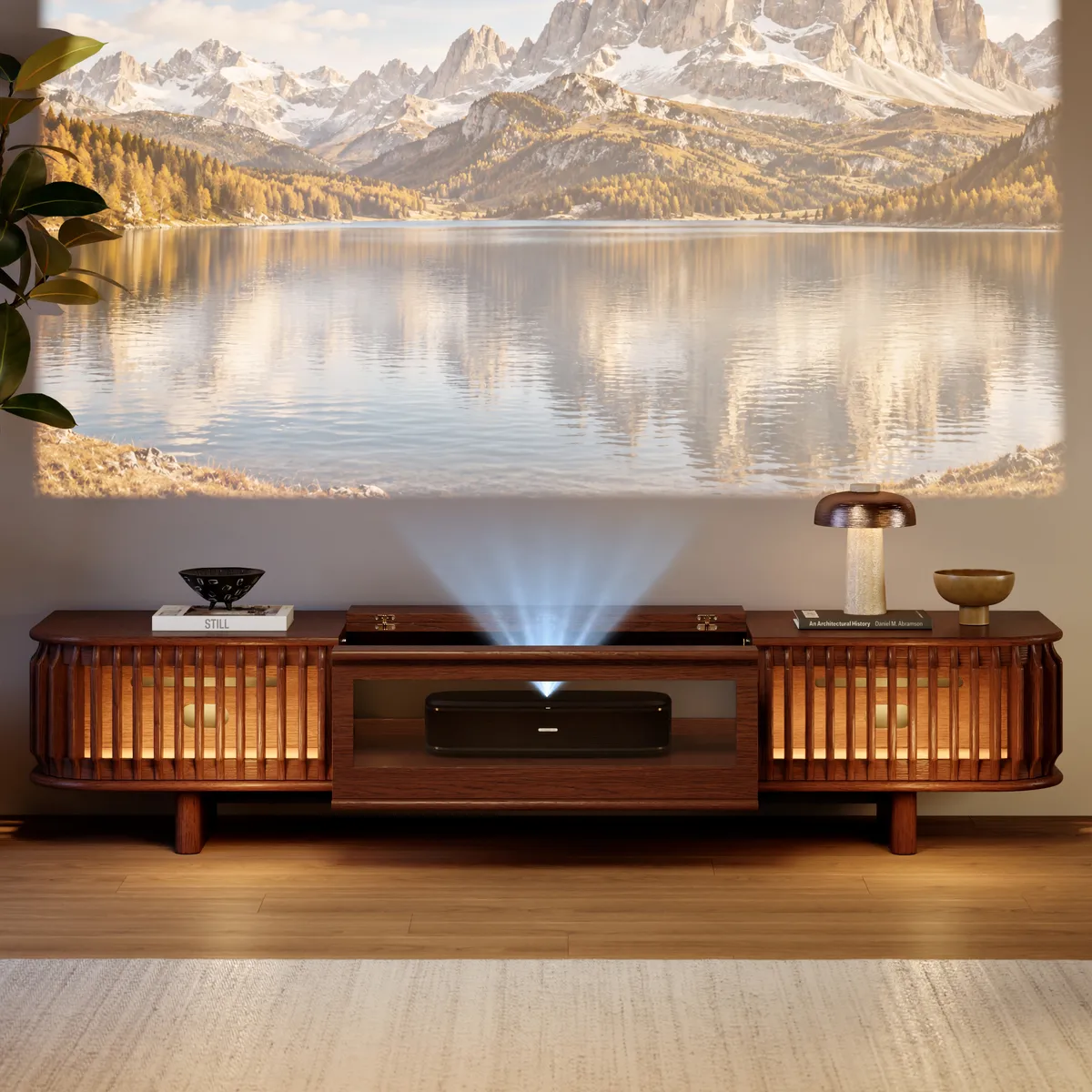80" Ash Wood Fluted Walnut Projector TV Stand with LED