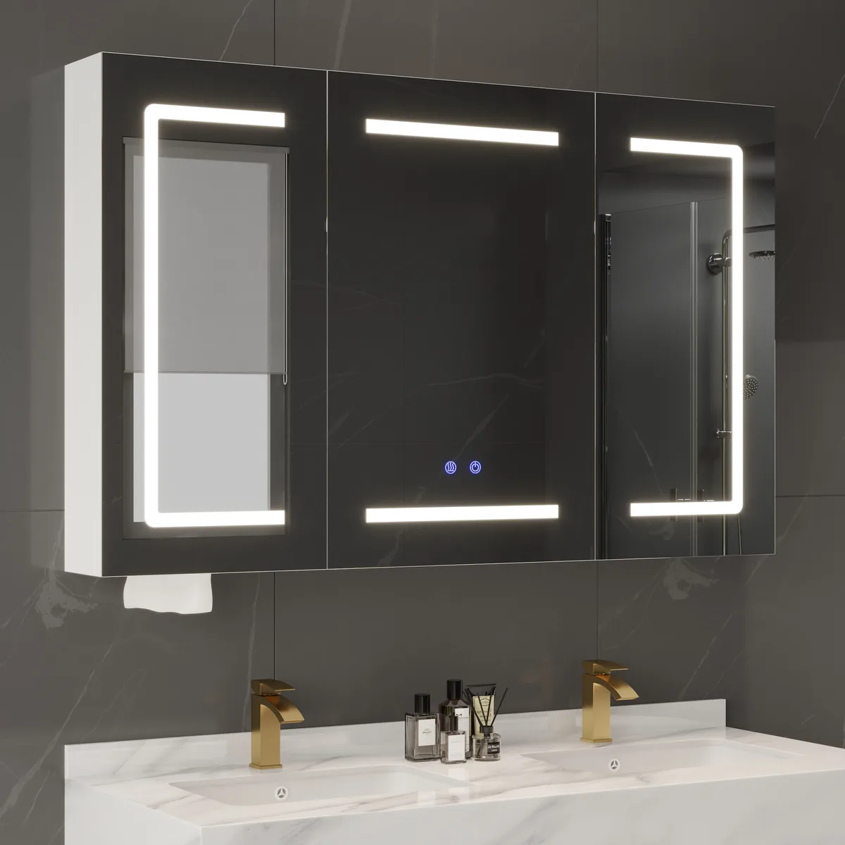 47" LED Bathroom Medicine Cabinet Dimmable with Defogger, Tissue Slot and Outlet — image 4