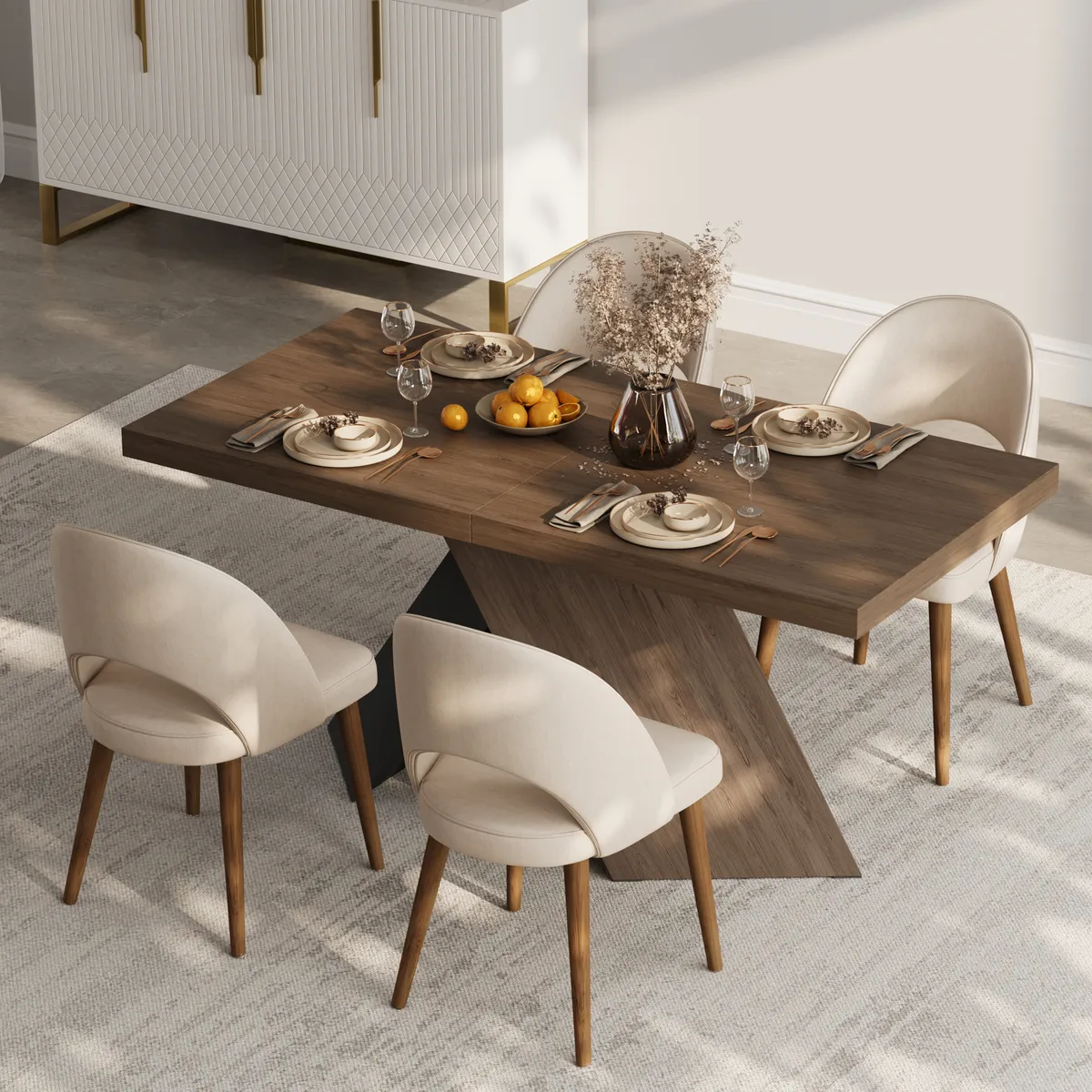 63"-79" Extendable Walnut Dining Table Modern Farmhouse Rectangle 4-6 Seater Pedestal — image 5