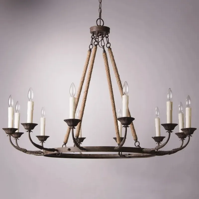 Bever Vintage 12-Light Candelabra Wagon Wheel Chandelier with Flaxen Hemp Rope — image 5