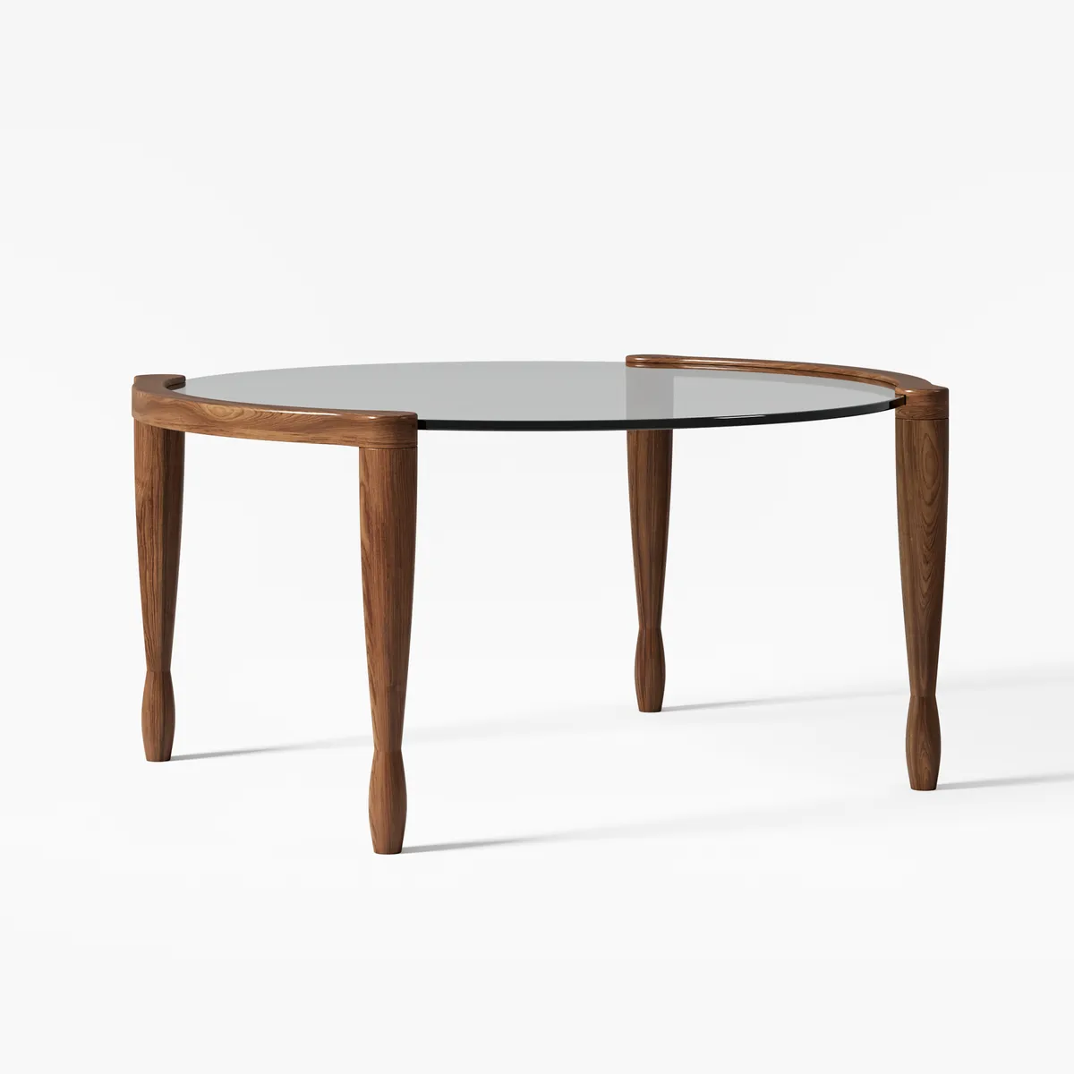 Mid Century Modern Glass and Walnut Round Coffee Table with Wood Legs — image 6