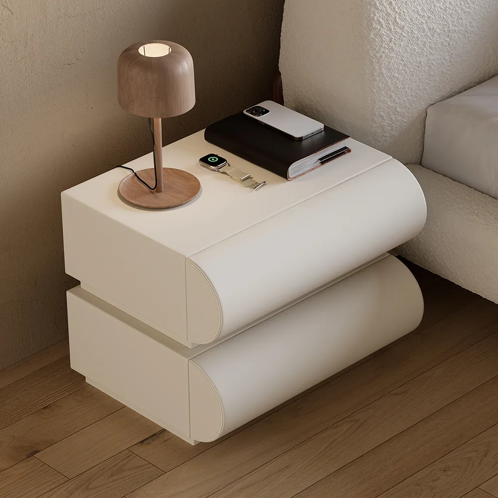 White Leather Smart Nightstand with Wireless Charger Bedside Table with USB & Type-C Ports King Size Boucle Upholstered Floating Bed Frame with Light — image 7