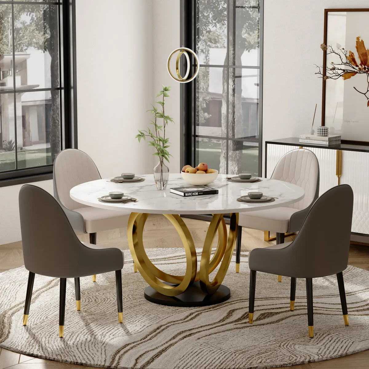 Dining Table Set 53.1" Faux Marble Dining Table White with 4 Velvet Chairs Modern — image 23