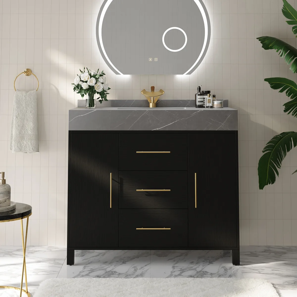 39" Walnut Freestanding Bathroom Vanity Sintered Stone Top & Silver Handles — image 22