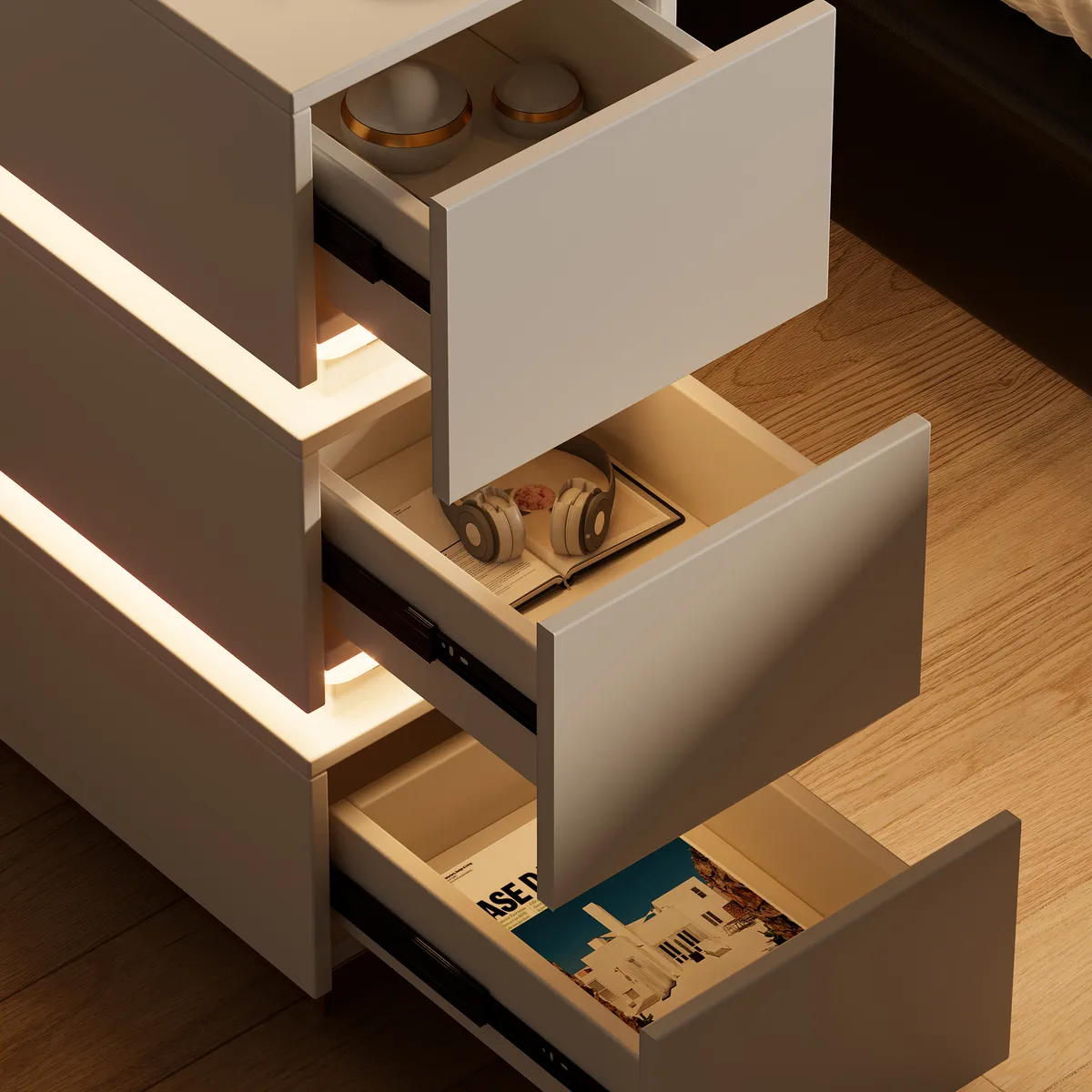 Narrow Smart 3-Drawer Nightstand with Charging Station Bedside Table with Light — image 7
