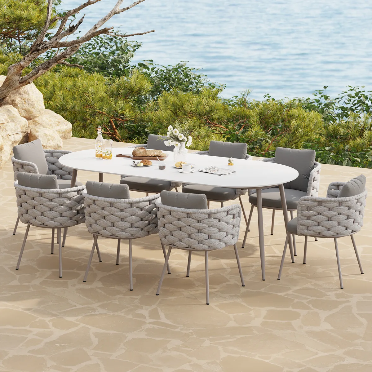 7 PCS 70.9'' Outdoor Sintered St Top Dining Table Set with 6 Rope Woven Armchairs Modern Yard & Patio Dining Furniture Set for 6 Person with Armchairs — image 12