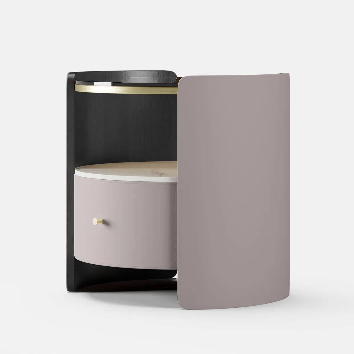 Modern Round Gray Leather Nightstand with Glass Top & Sintered Stone Bedside — image 9