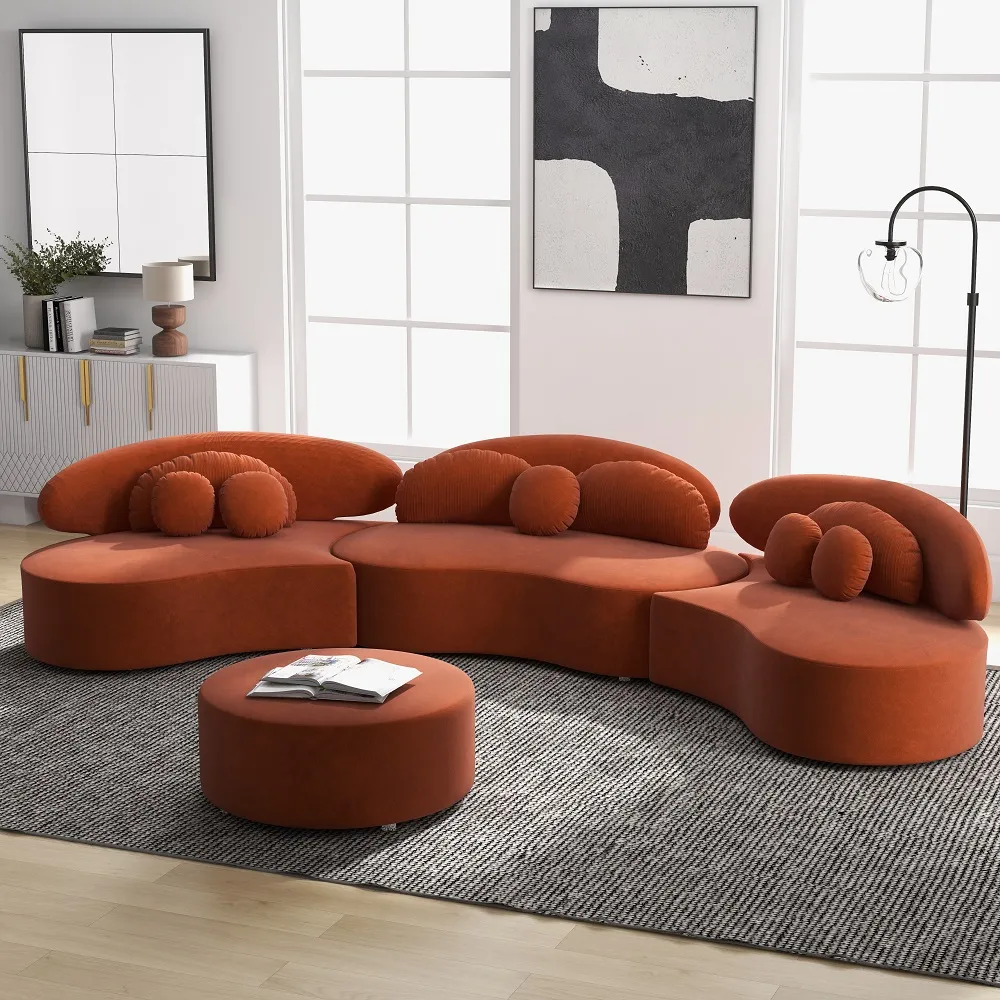Modern 7 Seat Sectional Sofa Curved Modular Beige Velvet Upholstered with Ottoman — image 24