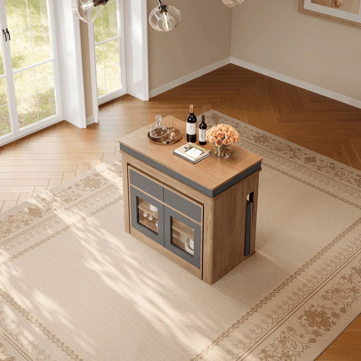 70.9" Rectangle Extendable Dining Table with Storage Sideboard for 4 Farmhouse Walnut & Gray Expandable Table — image 5
