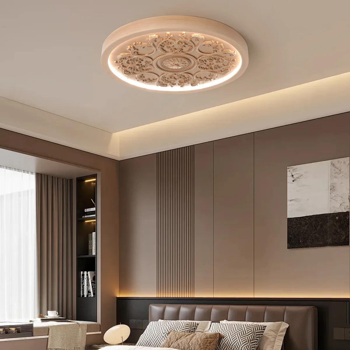 French Elegant White Resin 3D Carved LED Dimmable Flush Mount Ceiling Light — image 8
