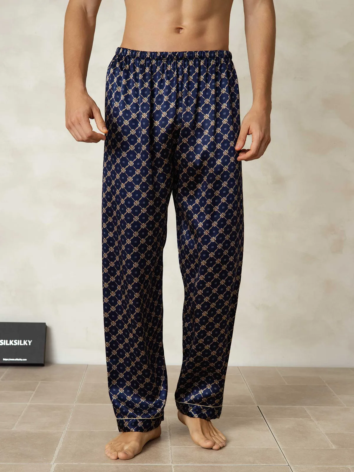 Men's 100% Mulberry Silk Chain Print Sleep Pants with Elastic Waist