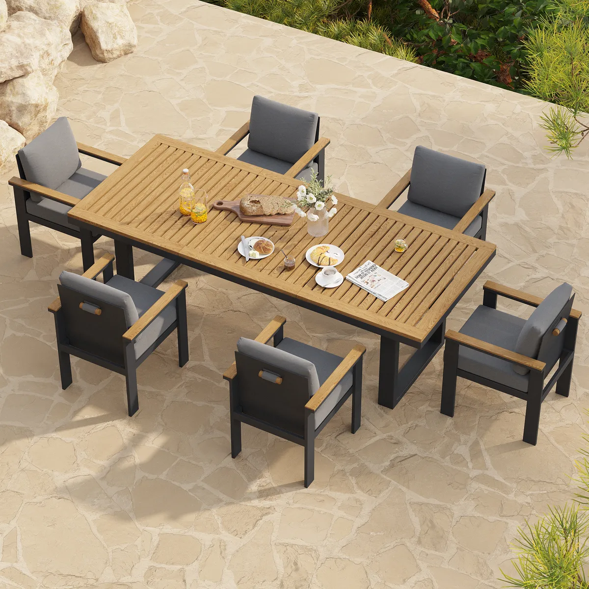 Tevara 6-Person Rectangle Teak & Aluminum Outdoor Patio Dining Table — image 25