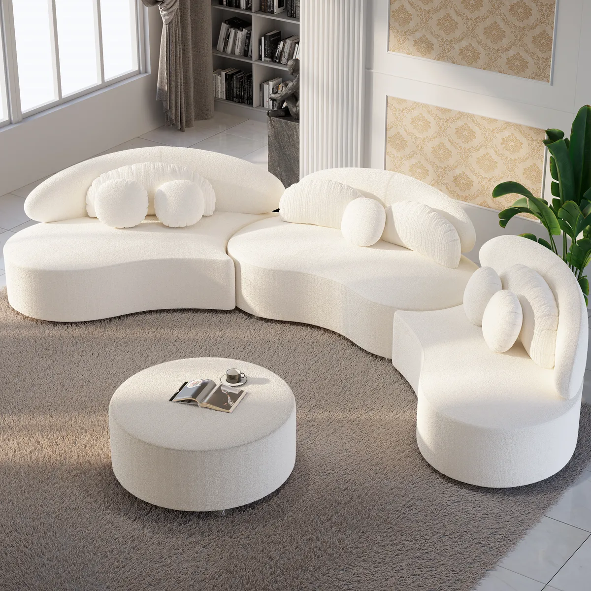 Modern 7 Seat Sectional Sofa Curved Modular Beige Velvet Upholstered with Ottoman — image 11