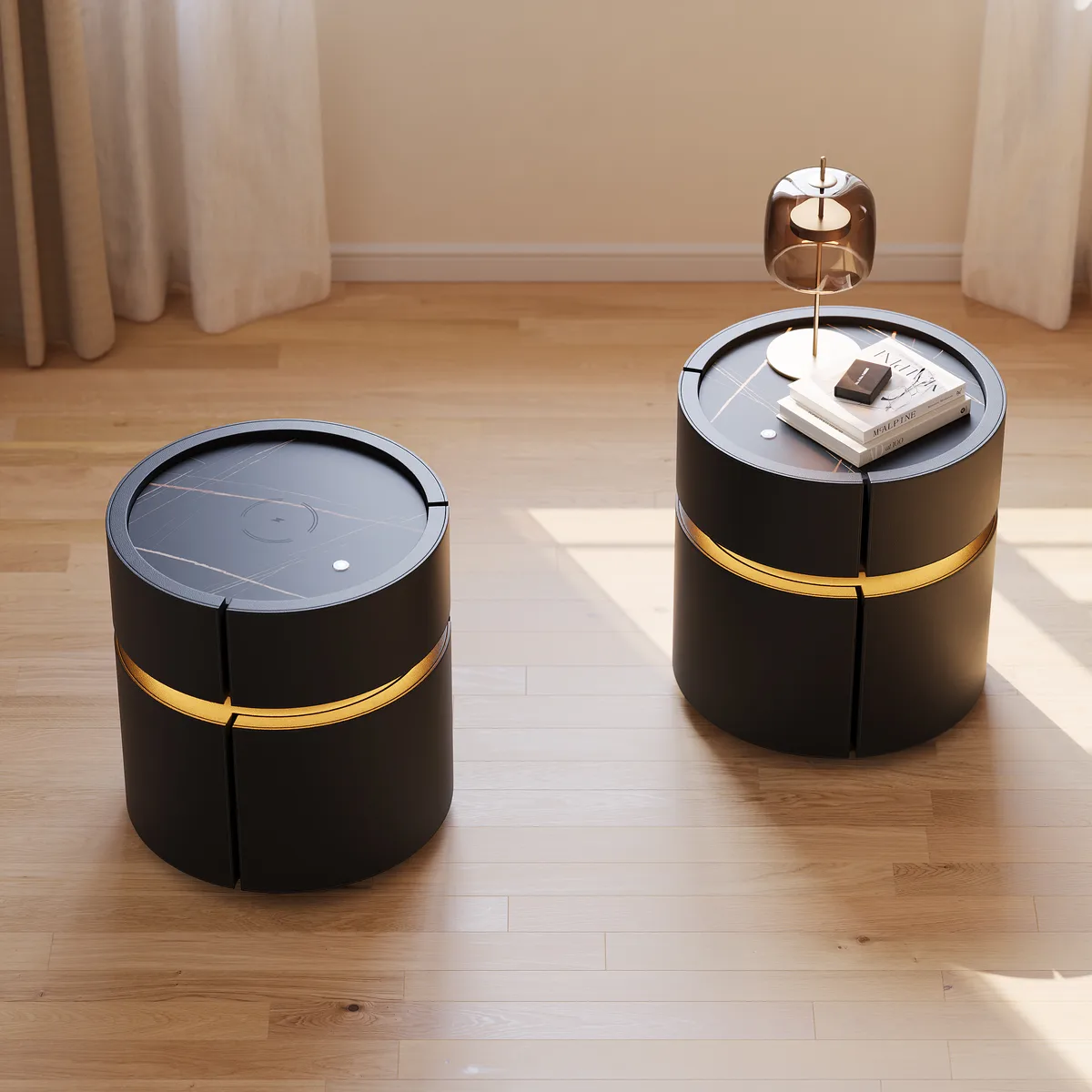 Round Saddle Leather Nightstand with Wireless Charging Bedside Table — image 20