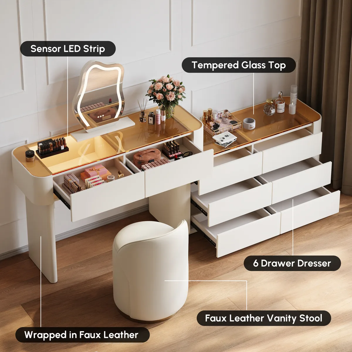Modern Extendable Makeup Vanity Set Dresser Vanity with Mirror & Light (53"–87") — image 7