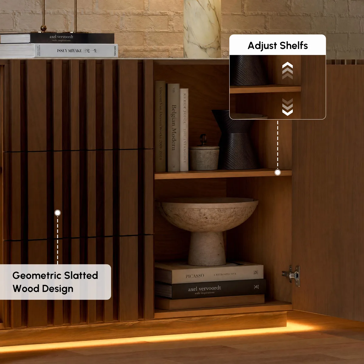Aura 60" Faux Travertine Top Buffet Sideboard with Ash Wood Slatted Panels & Light — image 17