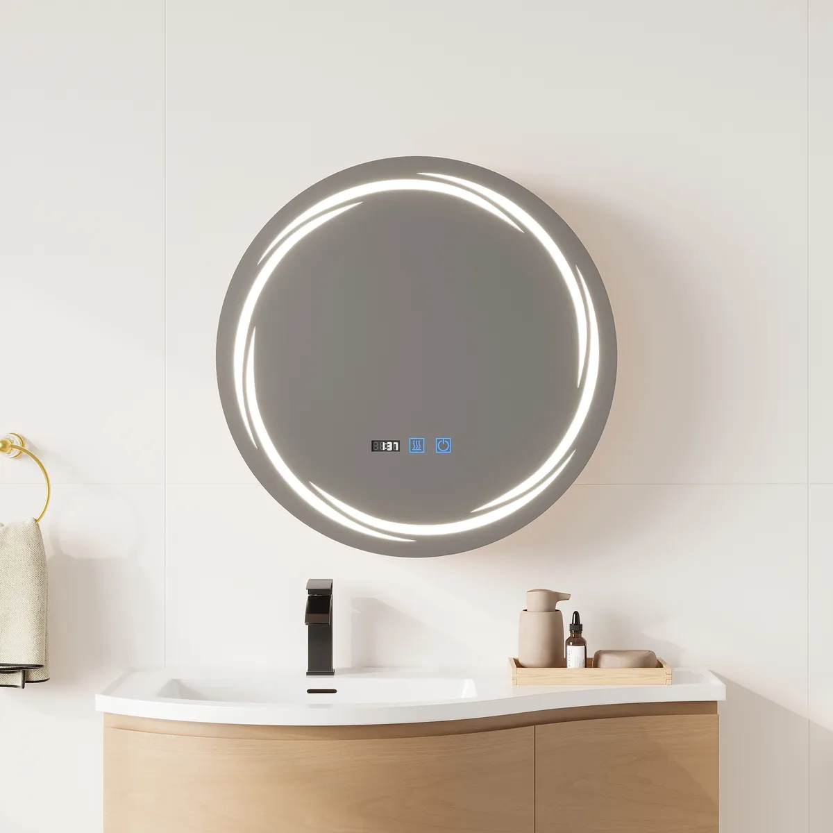 24" Round LED Walnut Medicine Cabinet with Storage, Anti-Fog, Dimmable — image 12