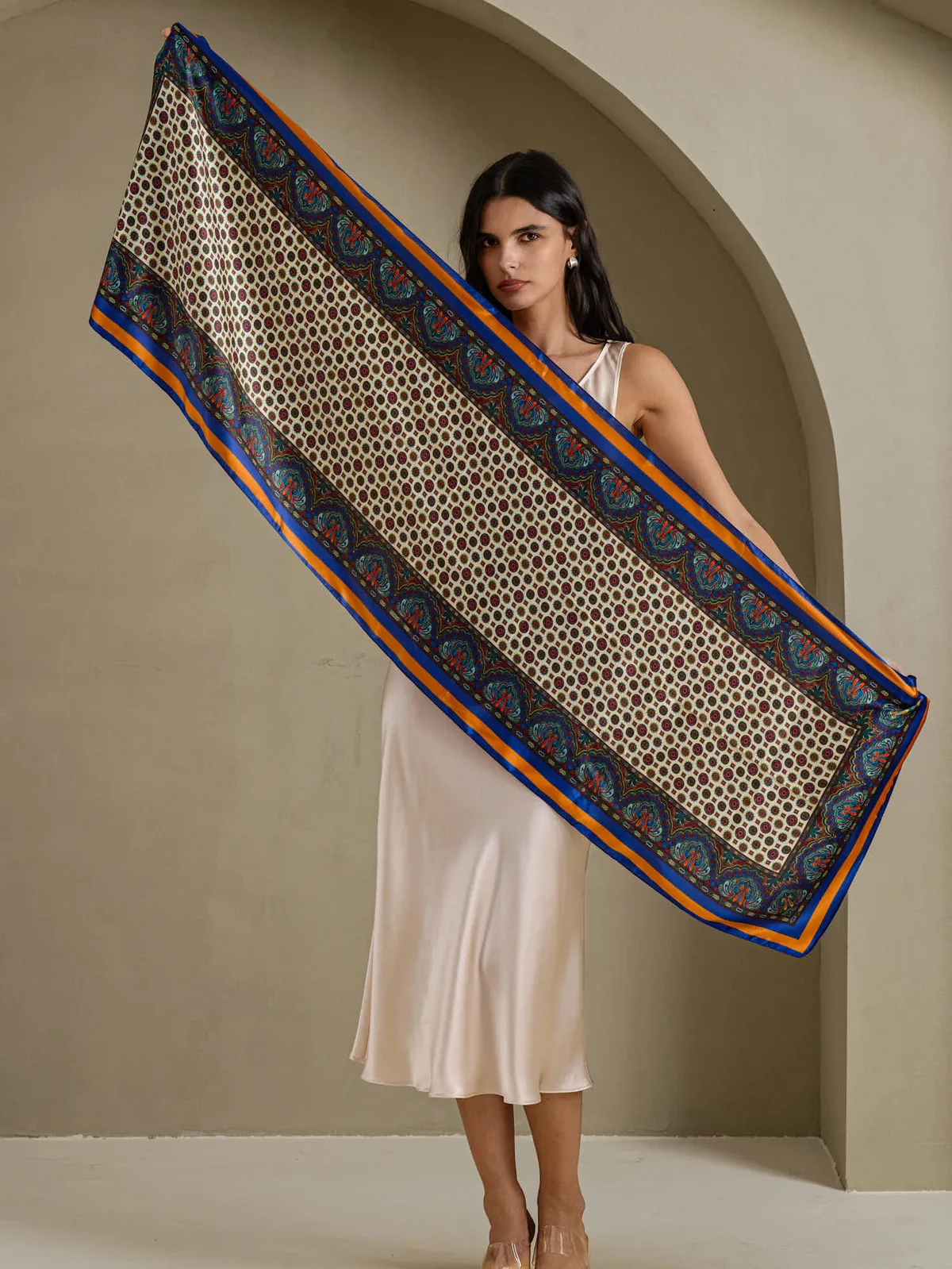Pure Silk Paisley Geometric Print Long Scarf -Size 170cm x 53cm — image 3
