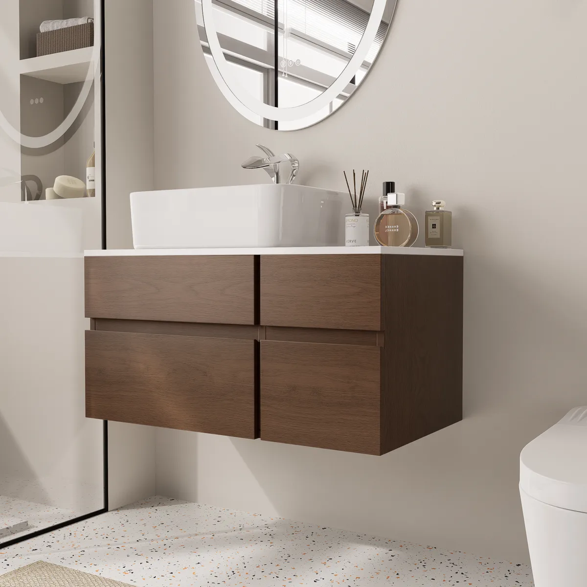 31.5" Walnut Floating Bathroom Vanity Left Offset Ceramic Vessel Sink — image 22
