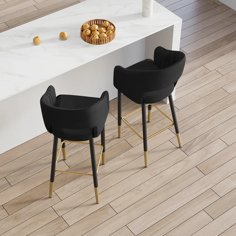 Modern Black Velvet Upholstered Bar Stool with Low Back & Footrest — image 4