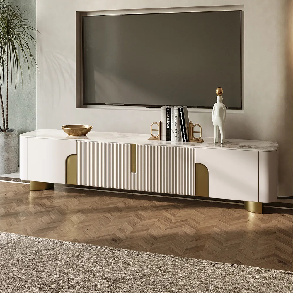 78.7" Stone Top Beige & Gold TV Stand with 4 Doors and Storage — image 2