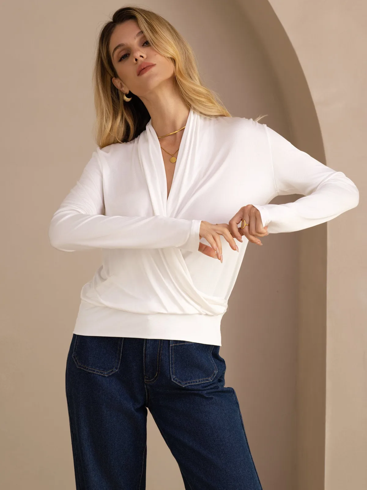 100% Mulberry Silk Women’s Wrap Neck Long Sleeve Blouse — image 3