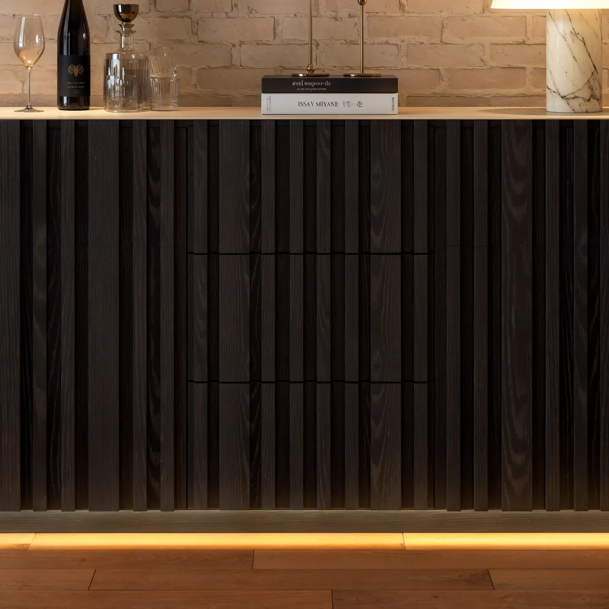 Aura 60" Faux Travertine Top Buffet Sideboard with Ash Wood Slatted Panels & Light — image 6