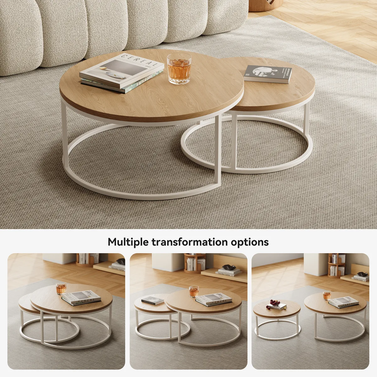 Fero Round Nesting Coffee Table Set of 2, Light Oak Top & White Metal Frame, Modern Scandinavian Style, for Living Spaces, (800mm-600mm) — image 5