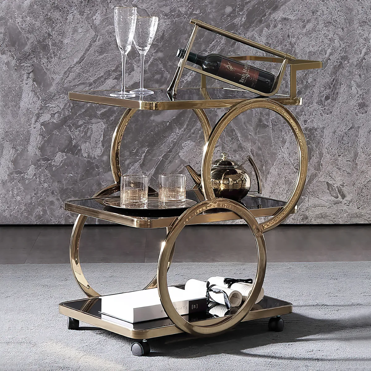Rolling 3-Tier on Wheel Bar Cart with Handle in Black & Brushed Gold Style — image 2