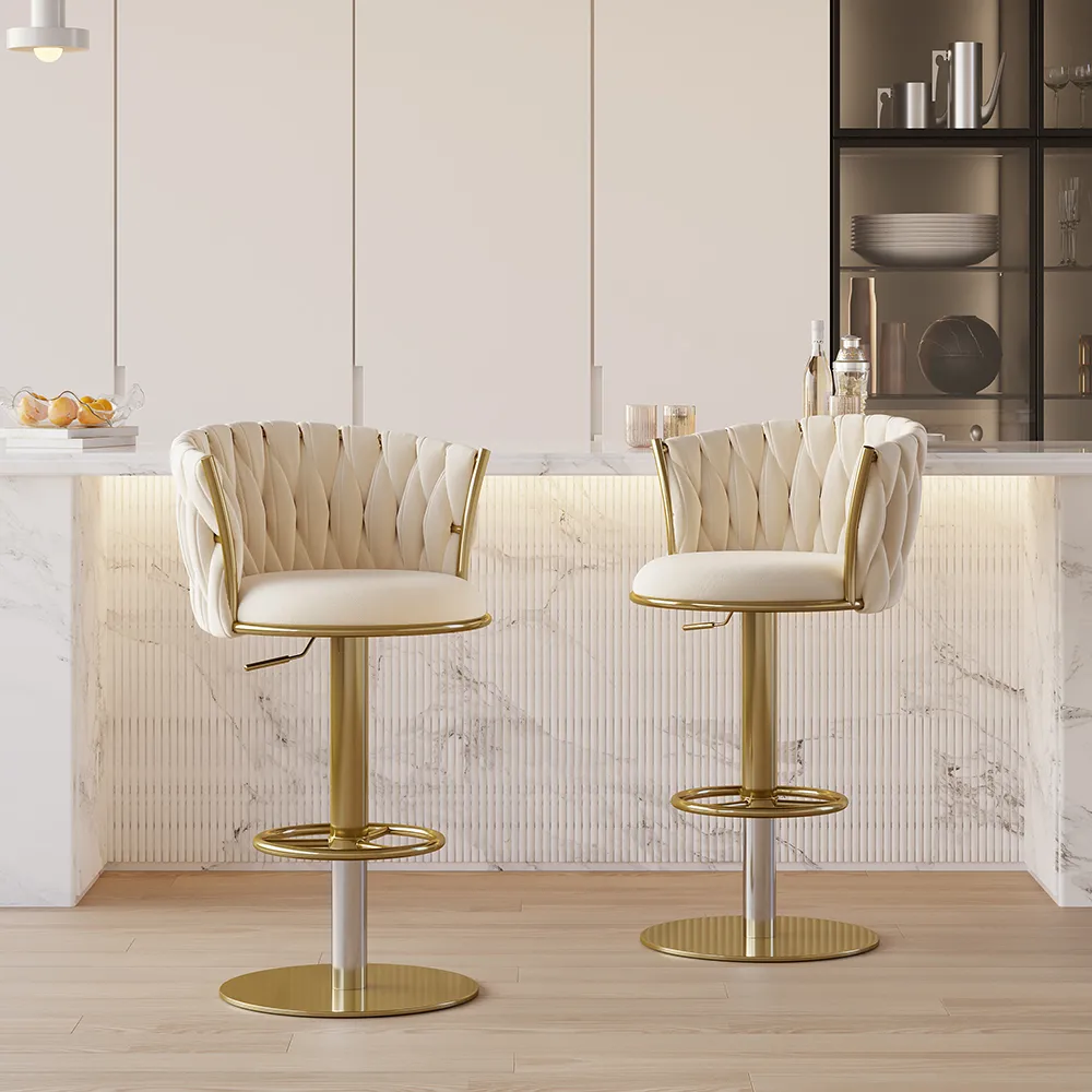 Sweave Set of 2 Gray Swivel Bar Stools Velvet Curved Back Adjustable Height — image 2
