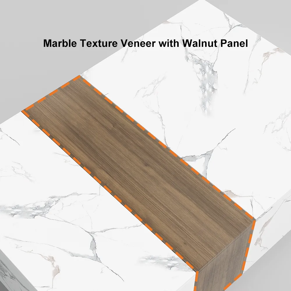 Vewal Wood Block Coffee Table Marble & Walnut Veneer in White with 2 Drawers — image 8