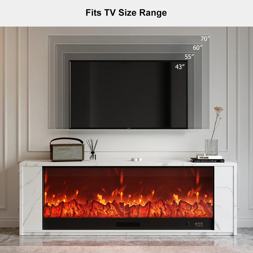 87" Modern White Marble Veneer Sintered Stone Electric Fireplace TV Stand with Remote Control Temperature Adjustable Coffee Table Set — image 10