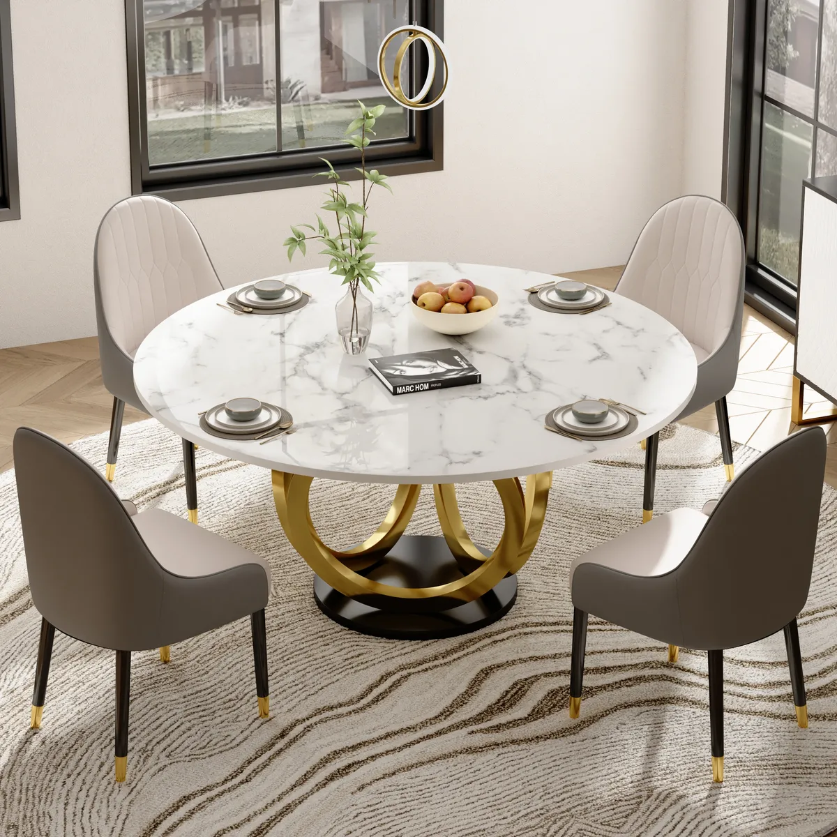 53.1" Round Dining Table Faux Marble Top Gold & Black Pedestal for 6 Person Modern