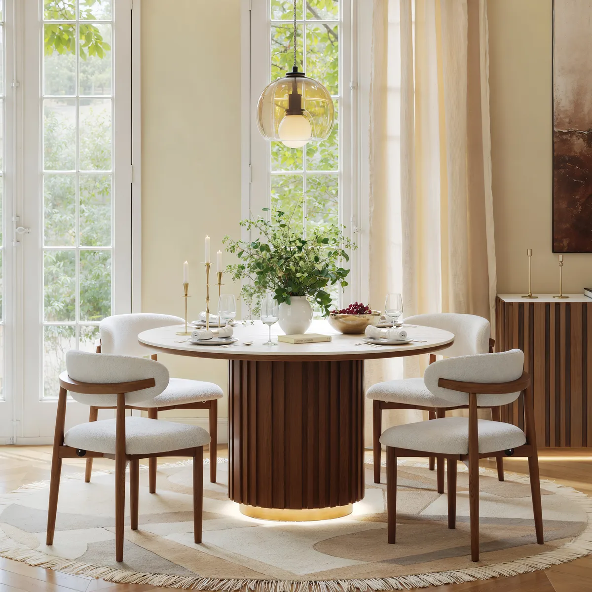 Dining Set 47" Round Faux Travertine Sintered Stone Dining Table with 4 Chairs — image 2