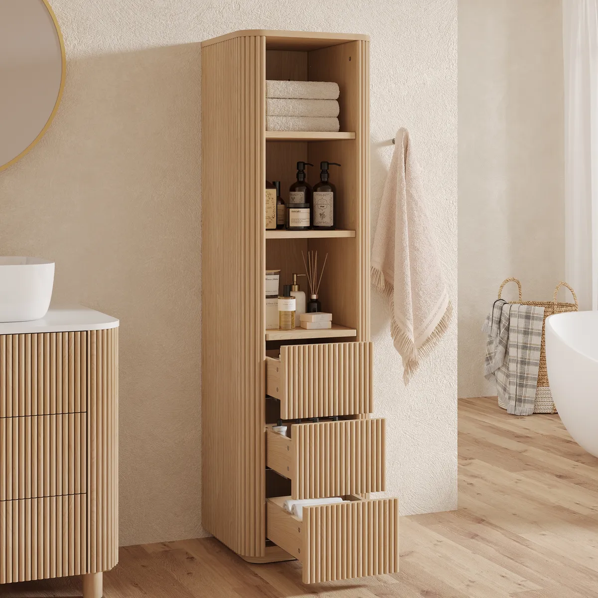 Fluted 58" Bathroom Linen Cabinet with 3 Drawers and Open Shelves — image 3