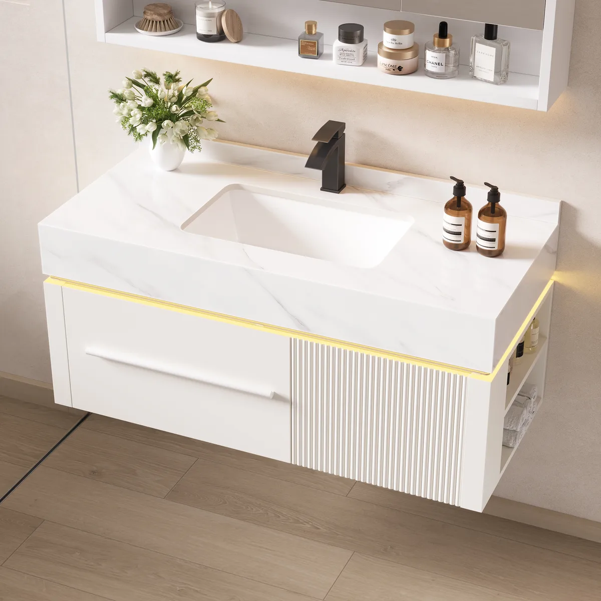 39.4" Wall-Mounted Bathroom Vanity with Sintered Stone Top, LED Sensor Light — image 3