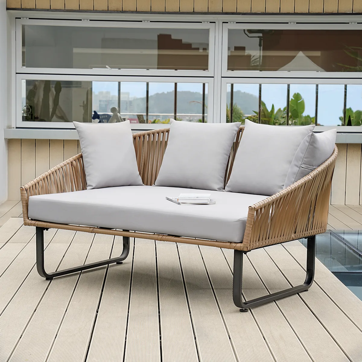 Rattan Outdoor Daybed with Gray Cushion Pillow & Aluminum Frame (63" Width) — image 9