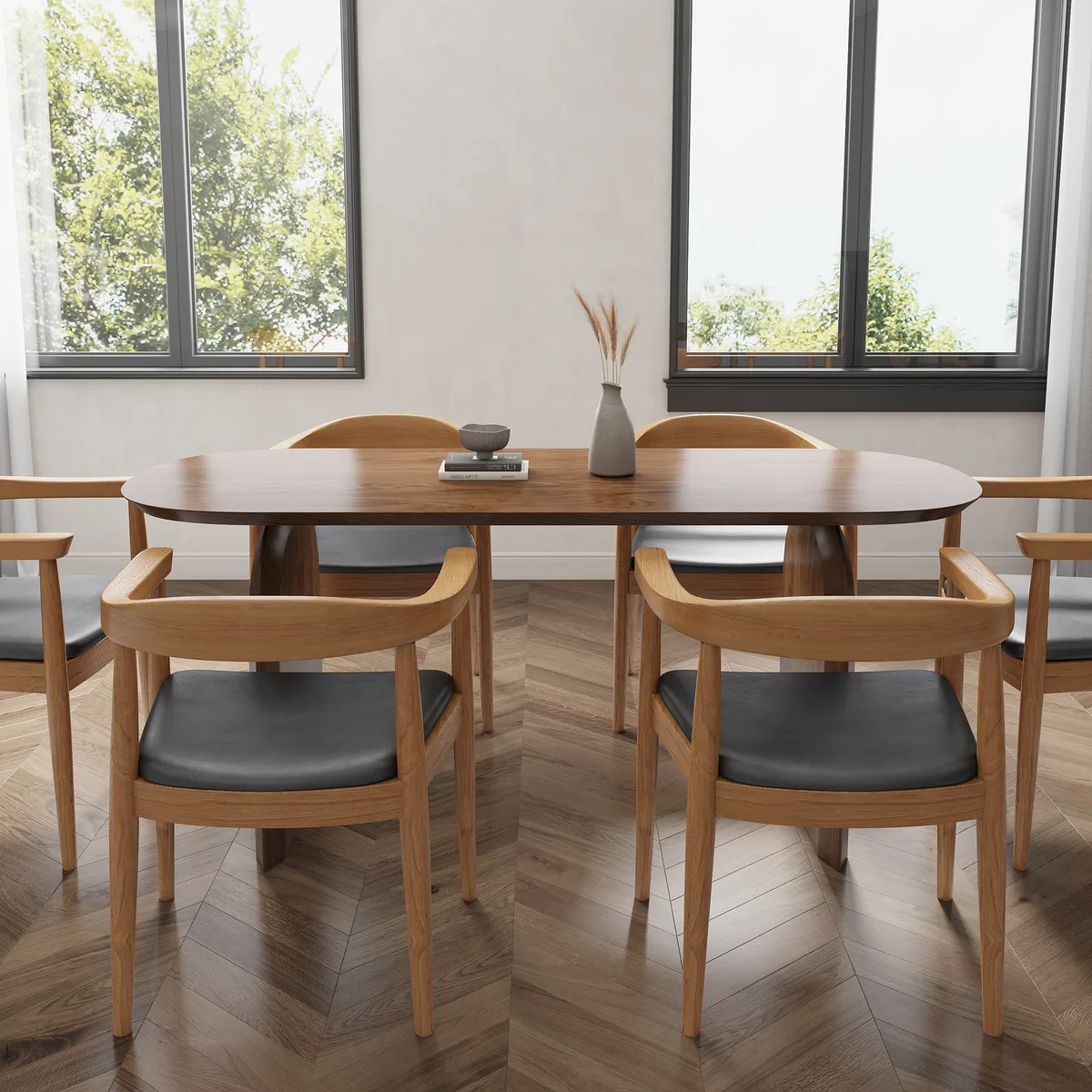 Dining Table Set 70.9" Oval Solid Wood Dining Table & 4 Walnut Japandi Rattan Dining Chairs — image 23