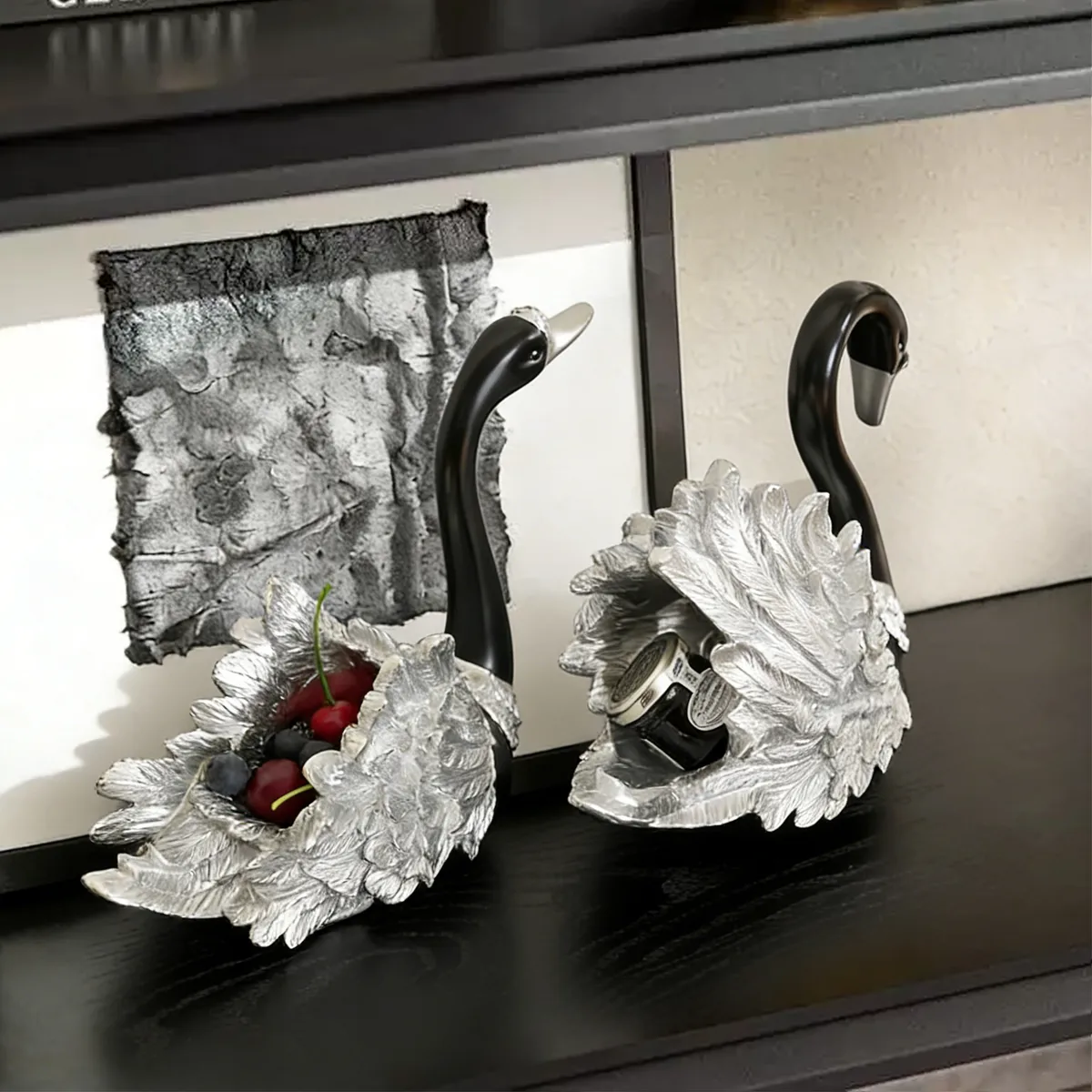 2-Piece Resin Swan Figurines, Black & Gold Decorative Storage Set — image 4
