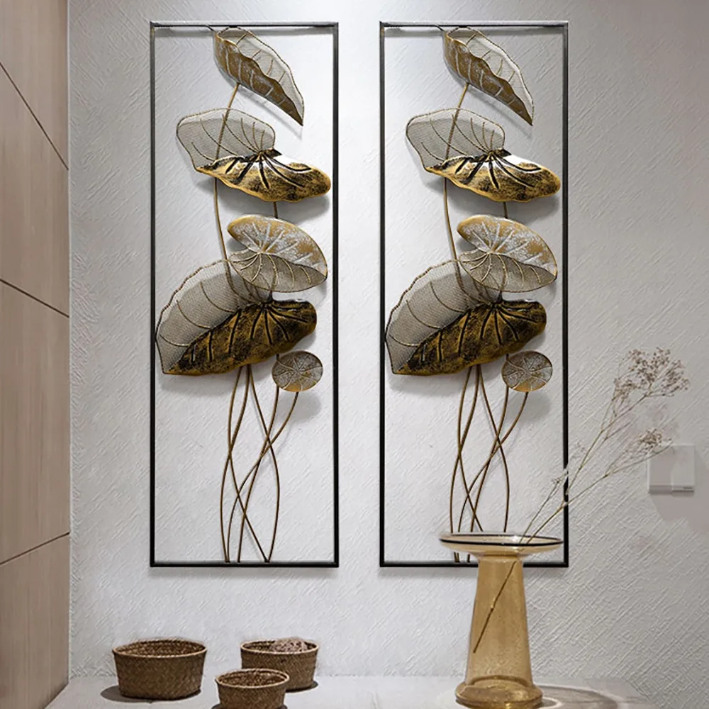 35.8" 2 Pieces Metal Lotus Leaves Wall Decor Set for Living Room with Black Frame — image 2